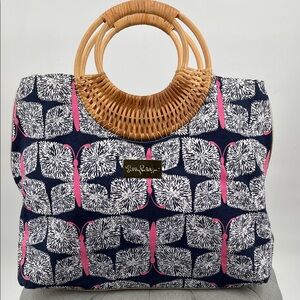 Lilly Pulitzer Navy and Pink Tote with Bamboo Accents